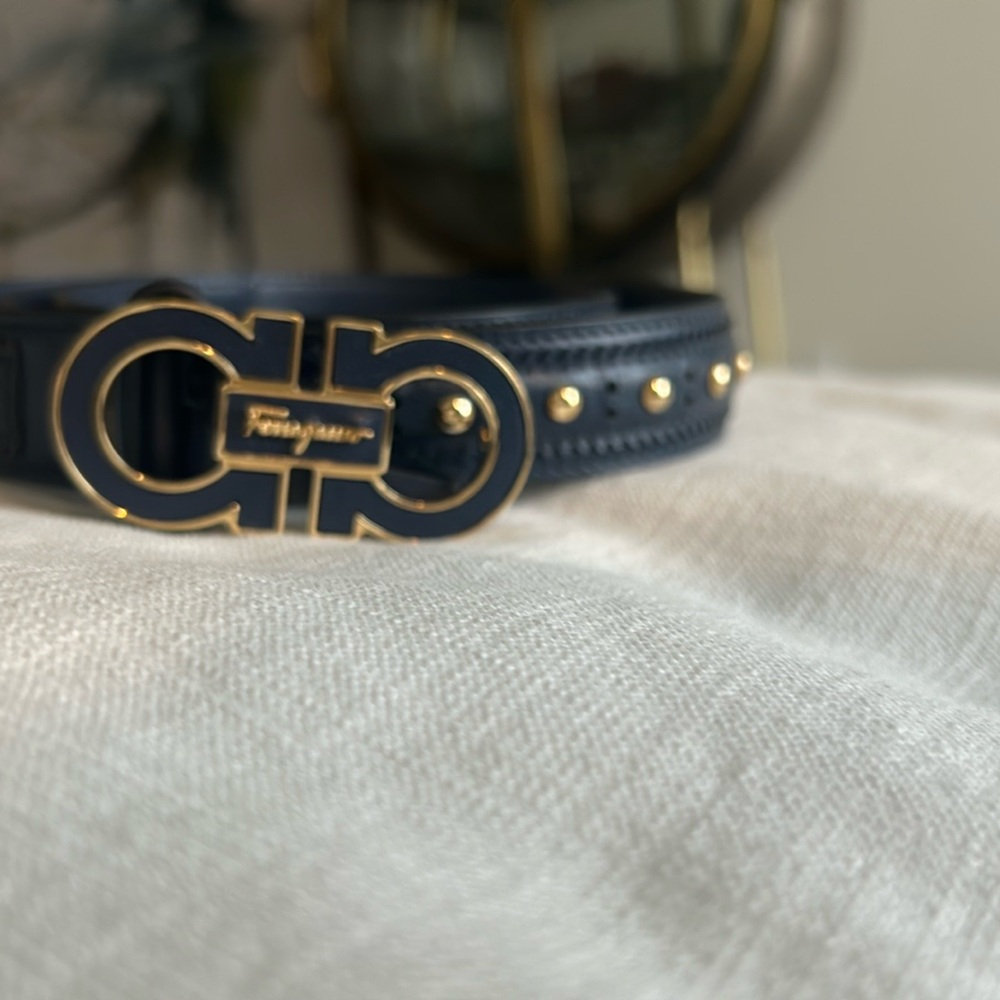 Salvatore Ferragamo Blue and Gold Gancini Belt